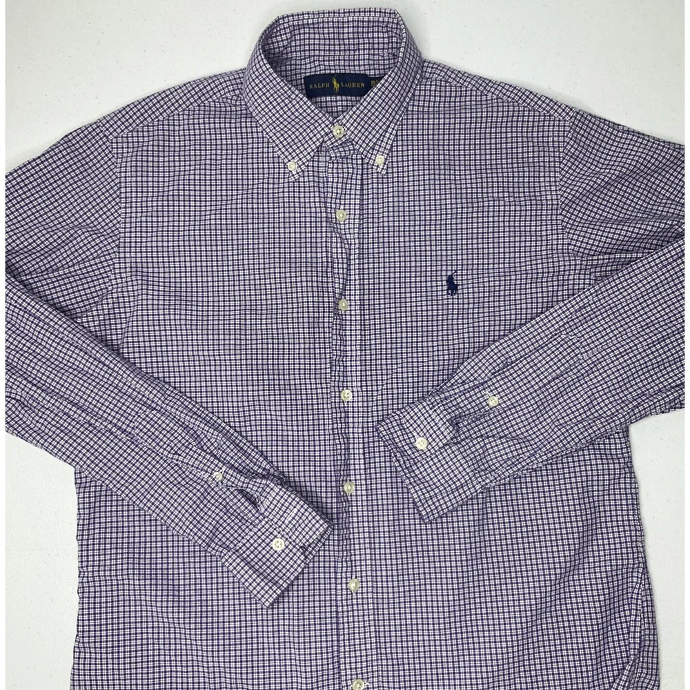 Polo Ralph Lauren Shirt Men Sz 15.5 Button Front Plaid Purple Long Sleeve Pony